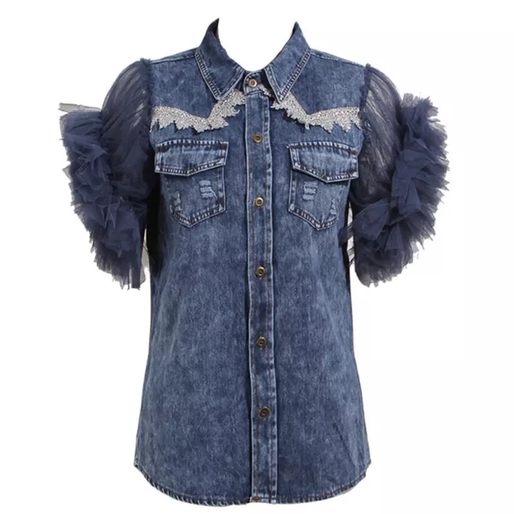 Denim Embellished Sleeve Fashion Top